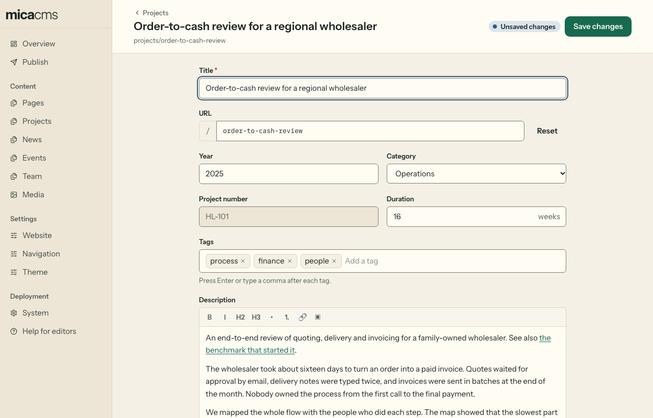 The form of a project, with "Unsaved changes" and the Save changes button at the top