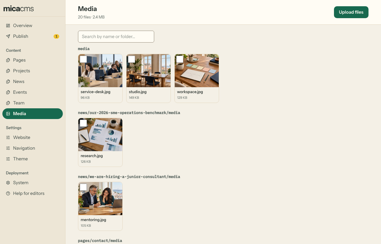 The Media page: the files in folders, with a preview and a box to select each one