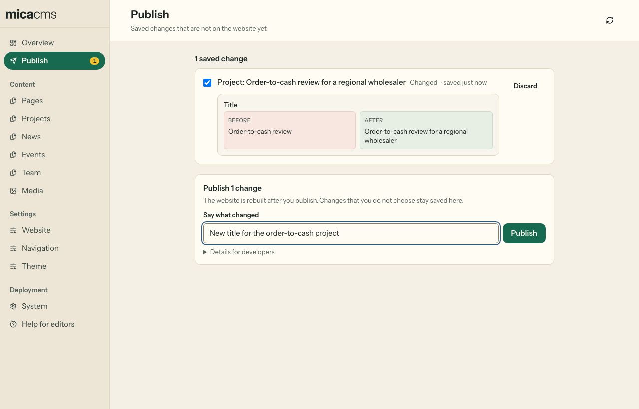 The Publish page: one saved change, its value before and after, and the field "Say what changed"